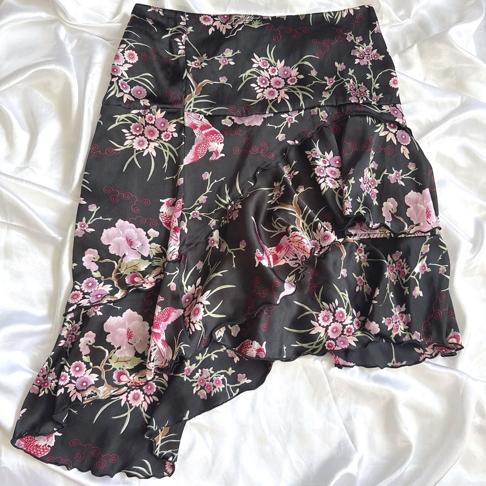 Revue Black Satin Floral Bird Asymmetrical Ruffle Midi Skirt Womens Medium
